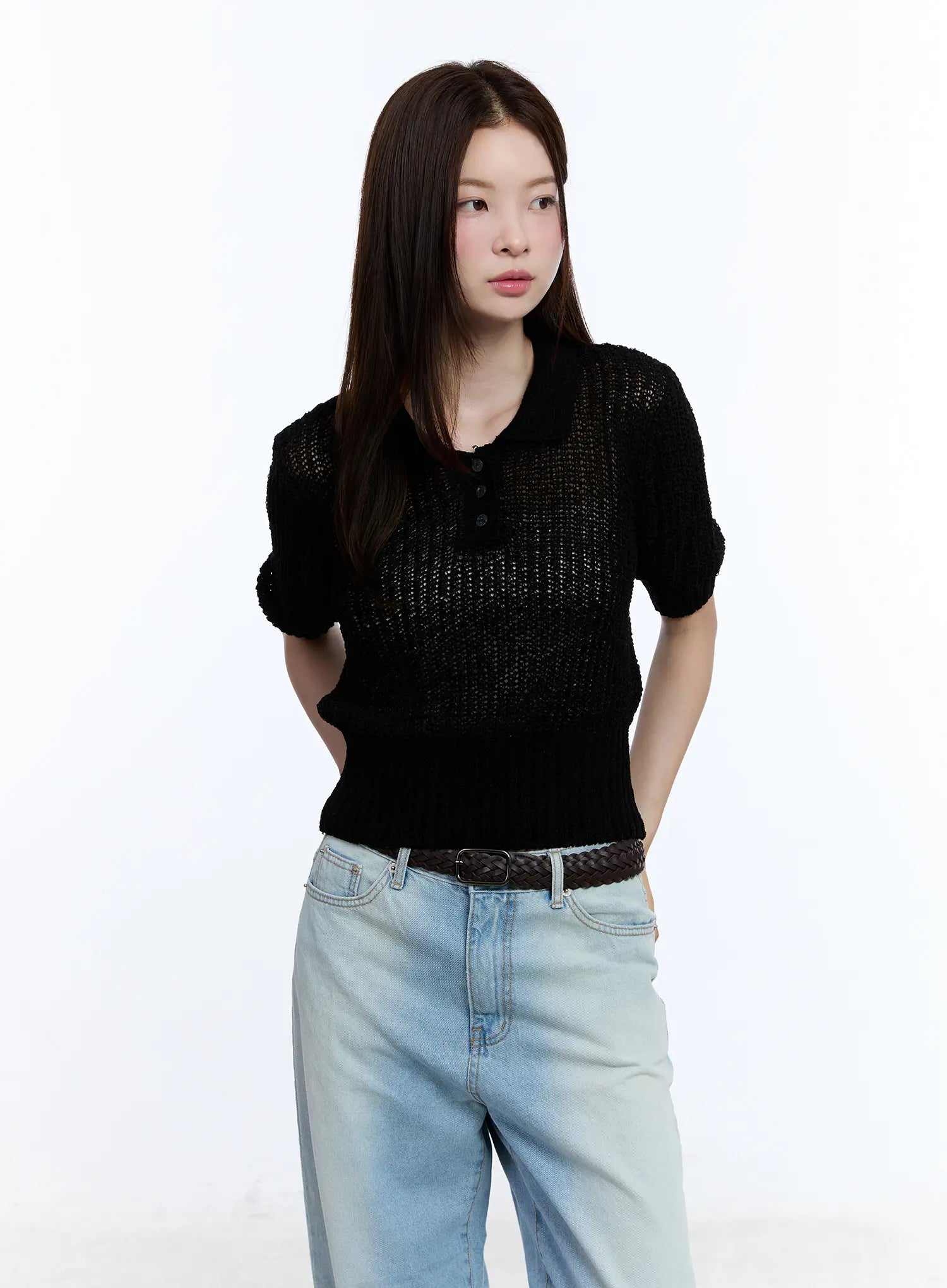 collared-short-sleeve-sweater-cu513 / Black