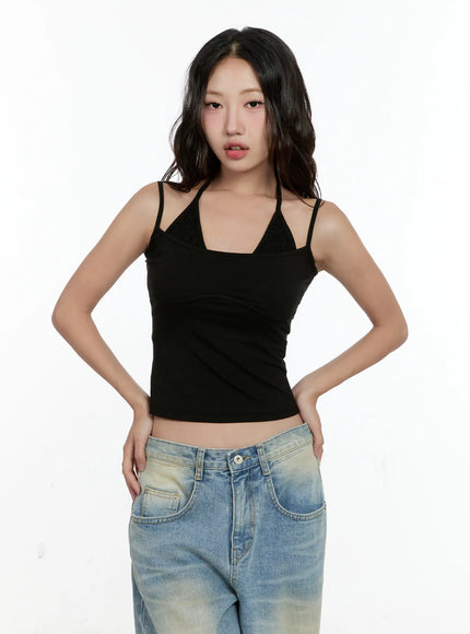 double-layered-lace-halter-top-cl531 / Black