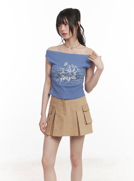 graphic-print-off-shoulder-crop-top-cy520 / Blue