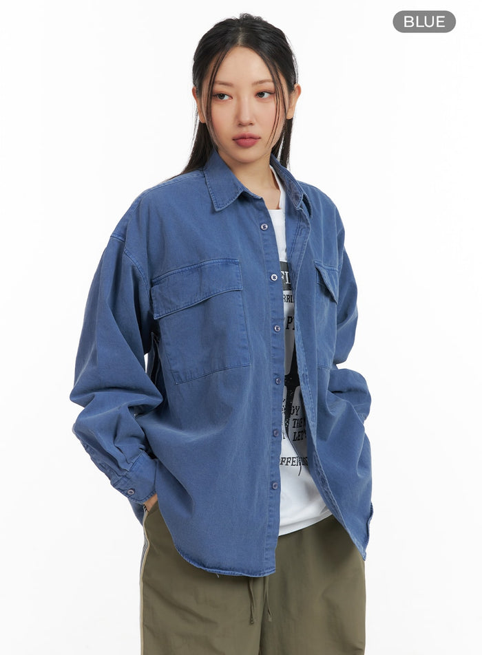 denim-collar-solid-pocket-blouse-cm419 / Blue