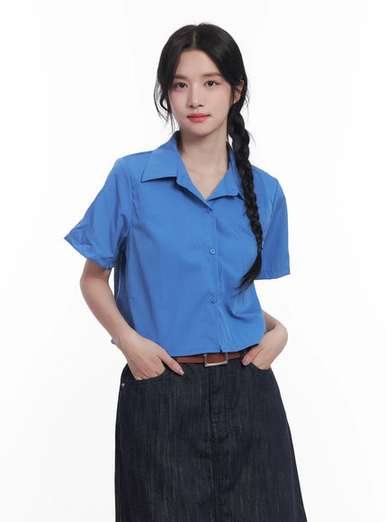 short-sleeve-cropped-collared-shirt-cu525 / Blue