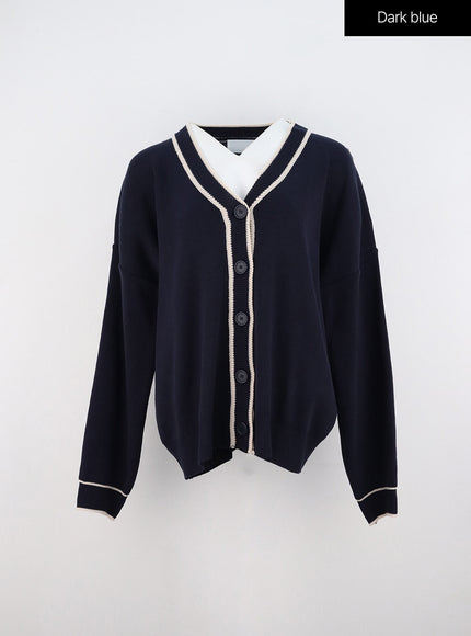 v-neck-loose-fit-long-sleeve-cardigan-oo323 / Dark blue