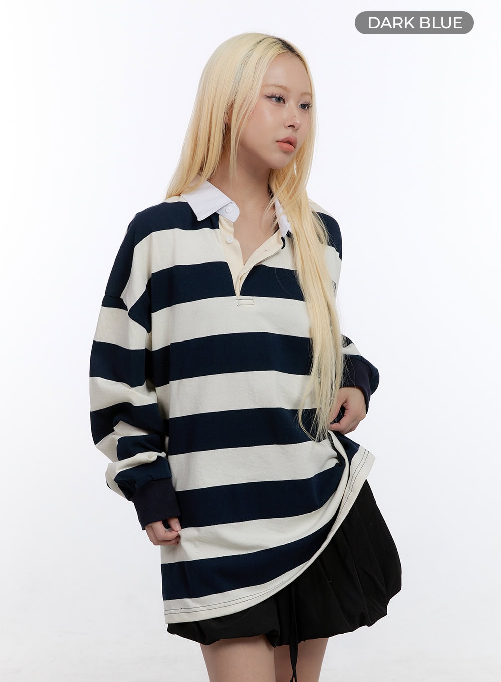 oversized-button-collared-stripe-shirt-co422 / Dark blue