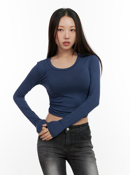 u-neck-slim-fit-long-sleeve-crop-top-cn406 / Dark blue