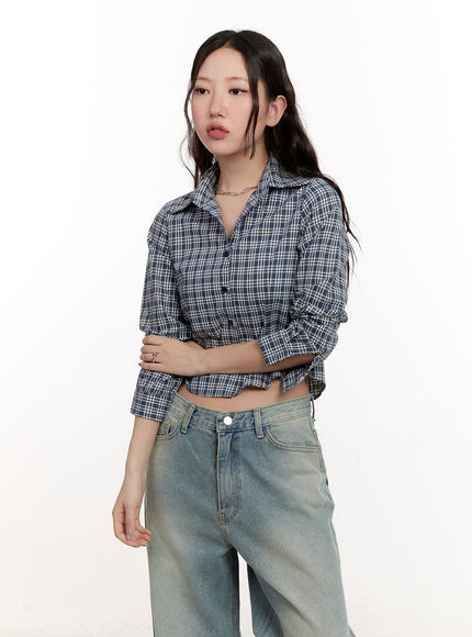 checkered-collared-crop-shirt-cm510 / Dark blue