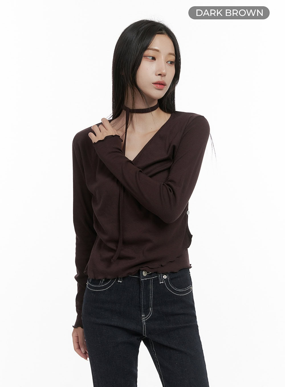 elegant-buttoned-wrap-long-sleeve-top-cs430 / Dark brown