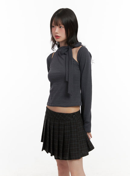 ribboned-bolero-high-neck-crop-top-set-cj501 / Dark gray