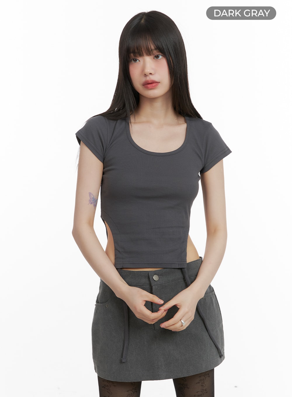 side-slit-round-neck-tee-ca422 / Dark gray