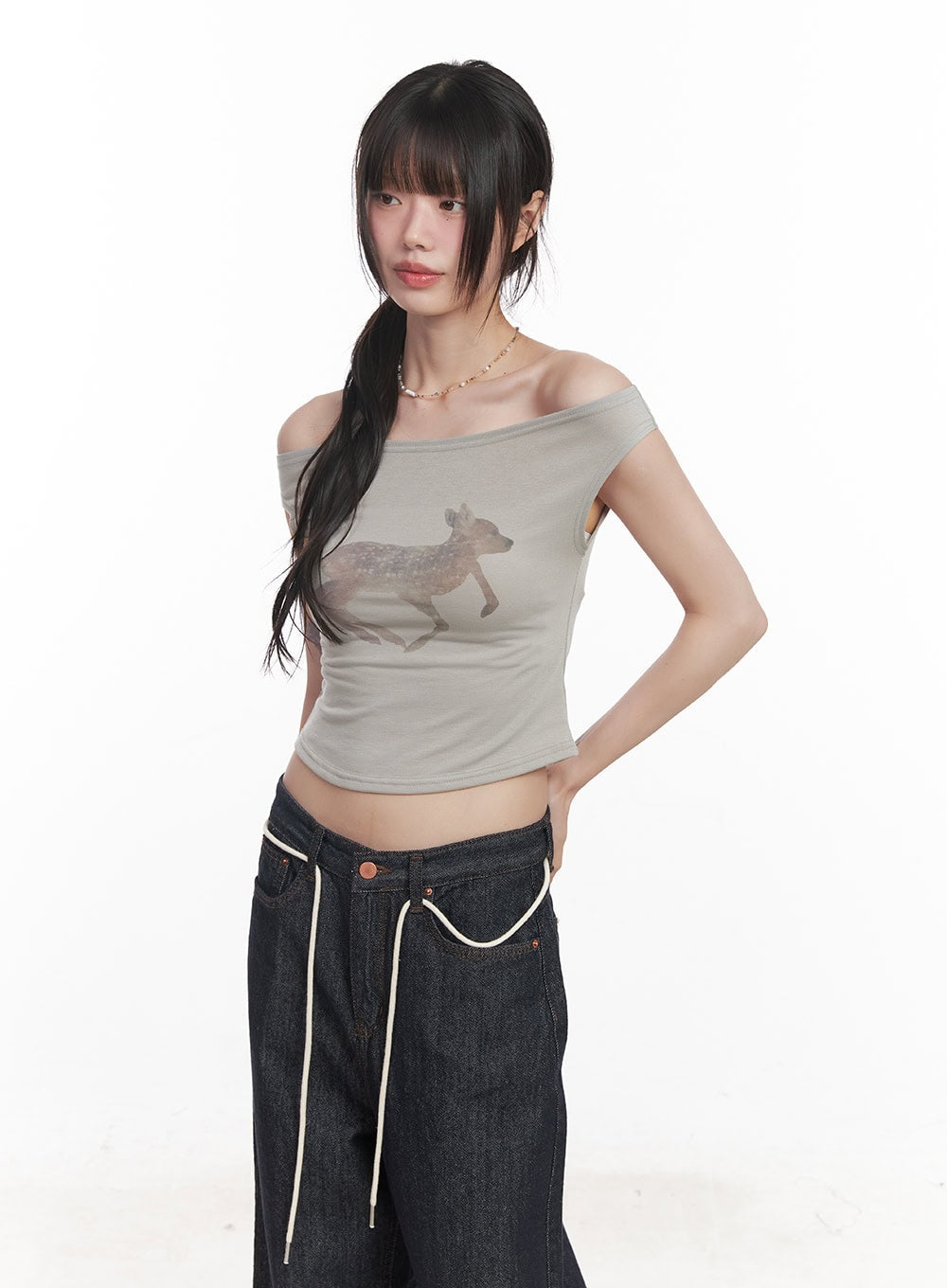 cute-animal-print-graphic-off-shoulder-crop-top-cy521 / Dark green