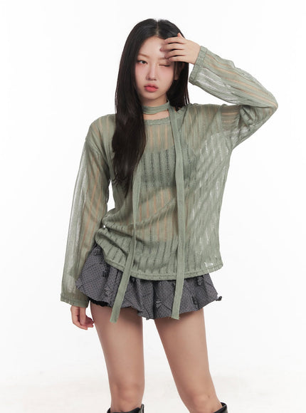 sheer-oversized-ribbed-sweater-ca525 / Dark green