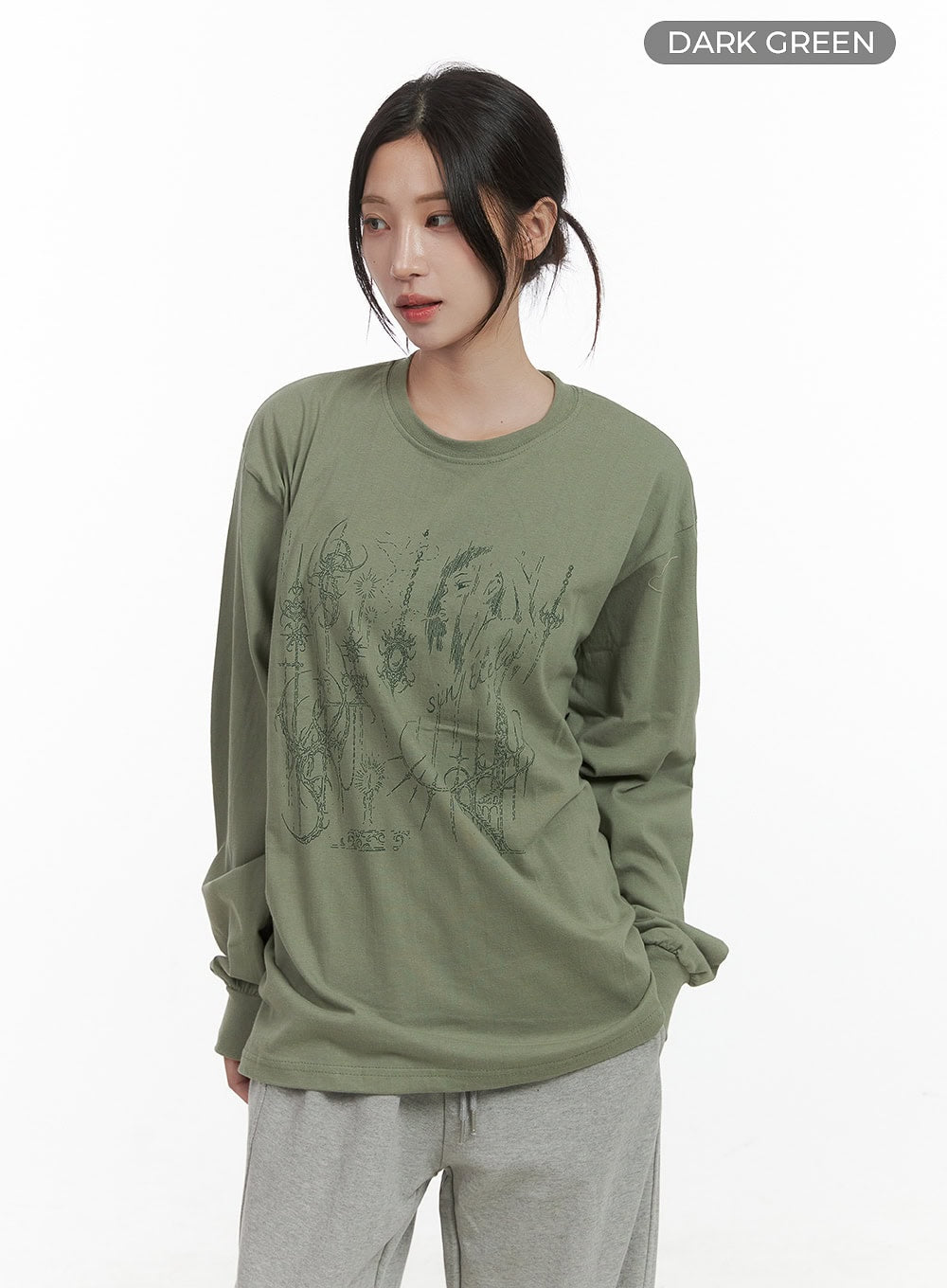 chic-graphic-print-cotton-long-sleeve-tee-co402 / Dark green