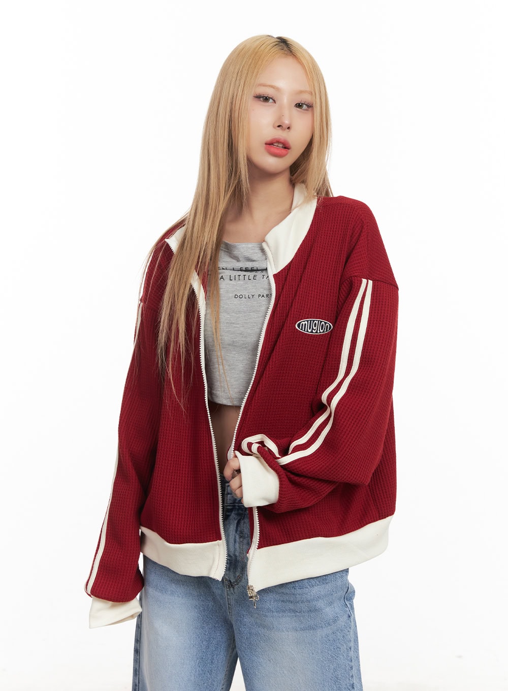 embroidered-knit-zip-up-track-jacket-cm506 / red