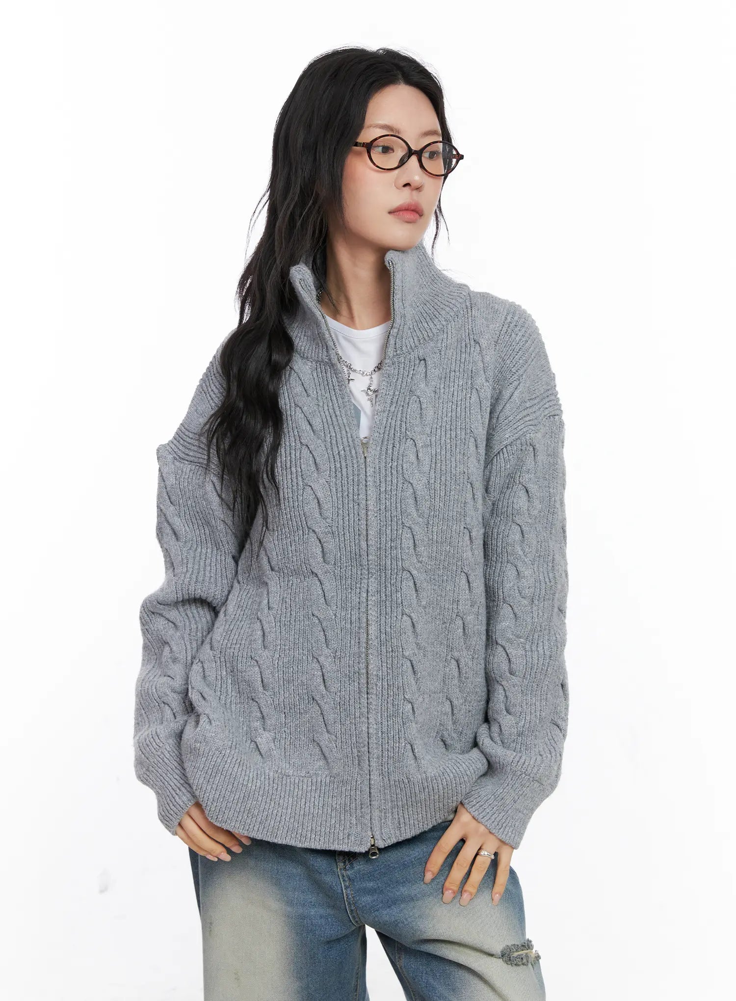 oversized-cable-knit-zip-up-sweater-co508 / Gray