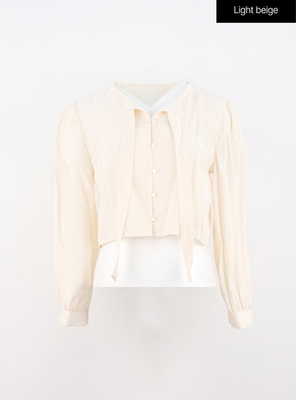 buttoned-tie-collared-blouse-oo327 / Light beige