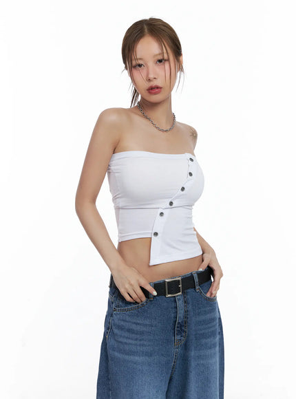 asymmetric-button-tube-top-cl510 / Light beige