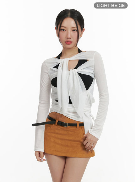 ribbon-strap-cut-out-long-sleeve-cy403 / Light beige