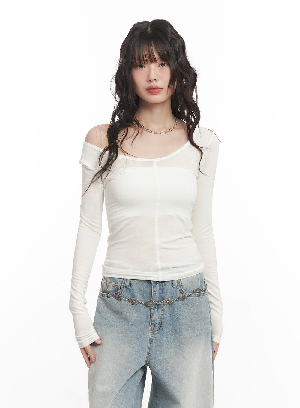 Wool-Blend One-Shoulder Long Sleeve Top CM520