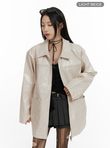 zip-up-faux-leather-midi-coat-cf429 / Light beige