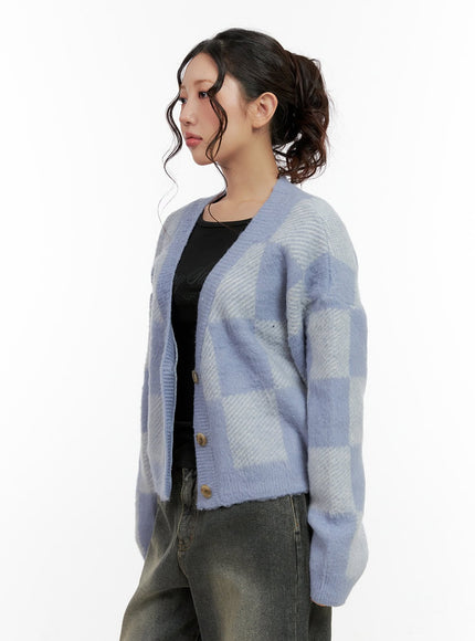 checkered-v-neck-sweater-cardigan-cn401 / Light blue