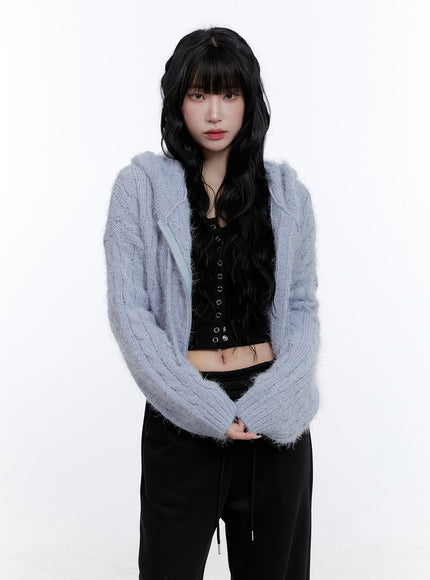 cable-knit-cropped-hooded-cardigan-cd419 / Light blue