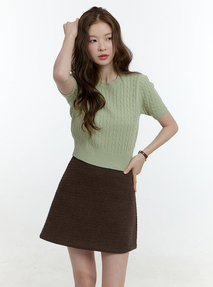cable-knit-short-sleeve-crop-sweater-cf504 / Light green