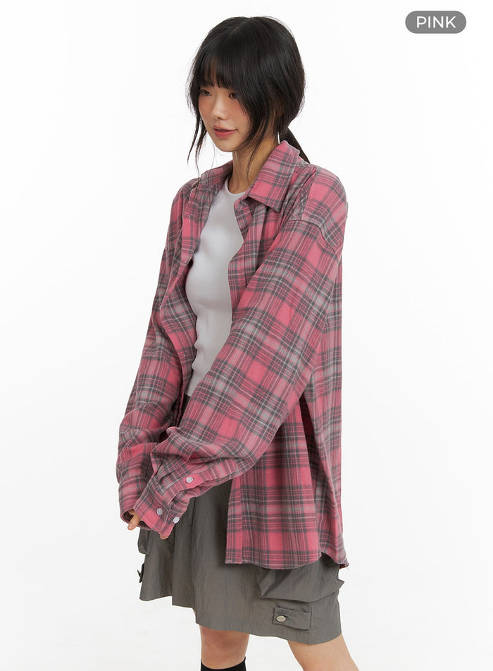 oversized-checkered-button-up-cm413 / Pink