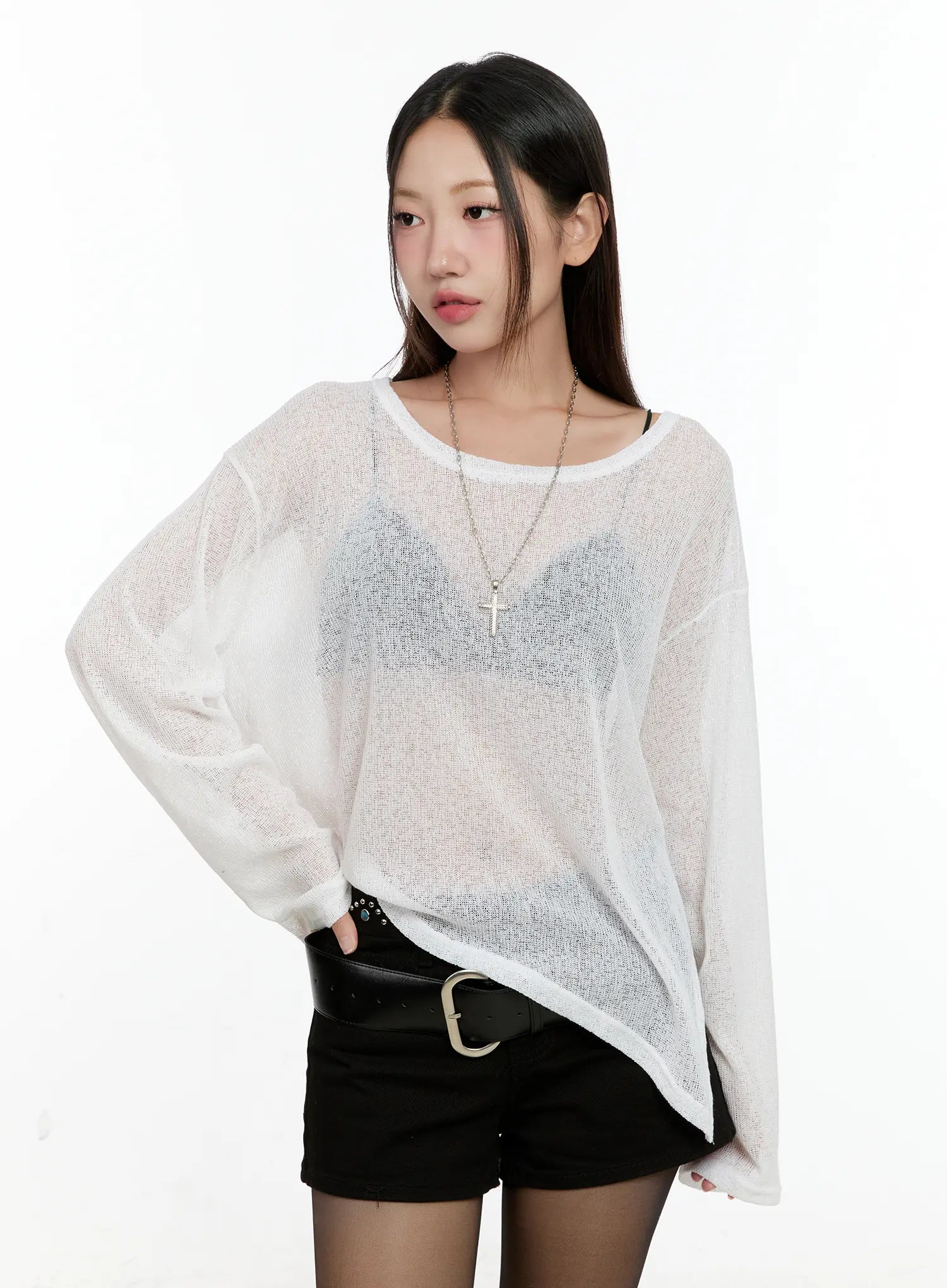 off-shoulder-sheer-long-sleeve-top-cg501 / White