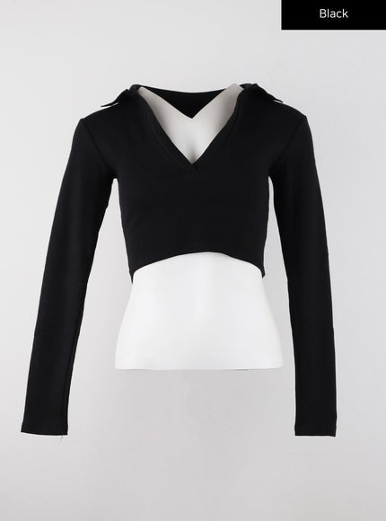 v-neck-collar-long-sleeve-crop-tee-cd322 / Black