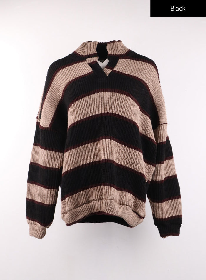knit-high-neck-striped-button-long-sleeve-top-of405 / Black