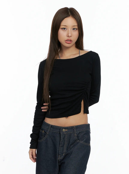 side-slit-long-sleeve-crop-top-cs505 / Black
