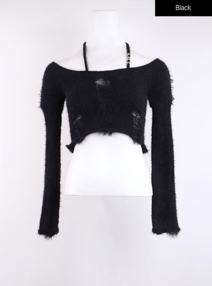 fuzzy-ripped-crop-sweater-cj419 / Black