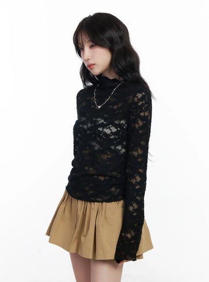 elegant-floral-lace-sheer-turtleneck-top-cj526 / Black