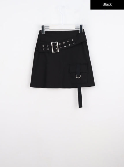 buckle-waist-strap-pocket-mini-skirt-co327 / Black