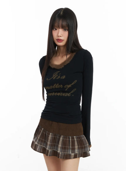 faux-fur-trim-fleece-long-sleeve-top-cd518 / Black