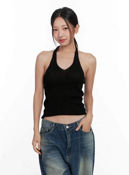ribbed-halter-knit-crop-top-cl521 / Black