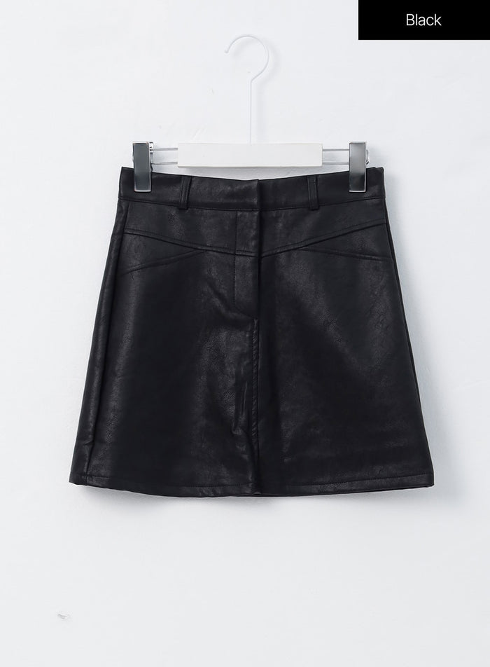 faux-leather-color-mini-skirt-oo304 / Black