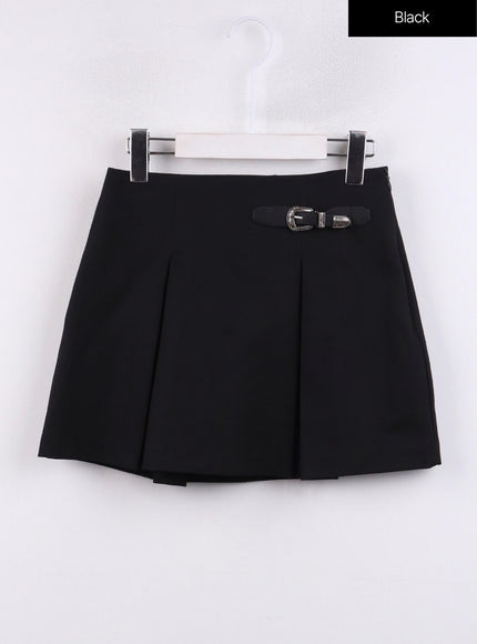 gray-pleated-belted-mini-skirt-cj423 / Black