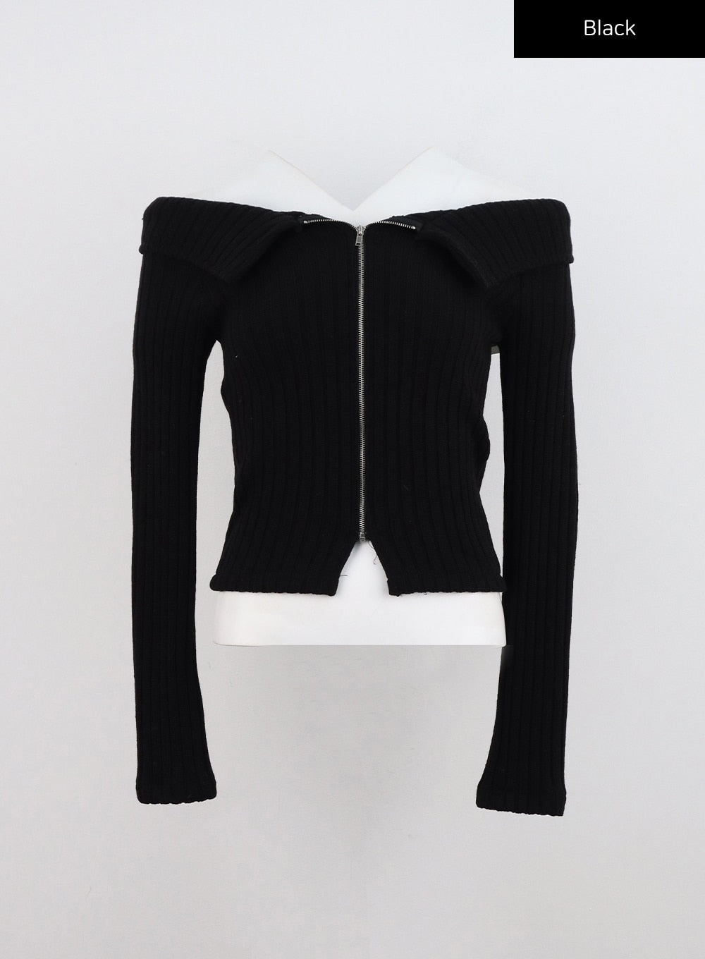 ripped-off-shoulder-zip-up-sweater-cn310 / Black