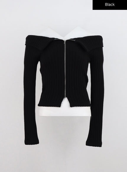 ripped-off-shoulder-zip-up-sweater-cn310 / Black