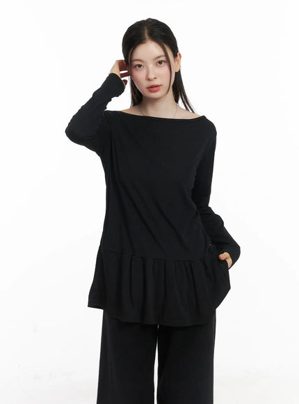 ruffle-hem-loose-long-sleeve-top-cj506 / Black
