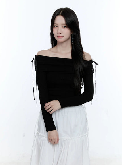 off-shoulder-ruched-knit-top-cg512 / Black