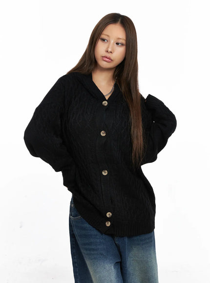 oversized-cable-knit-button-up-hoodie-co510 / Black
