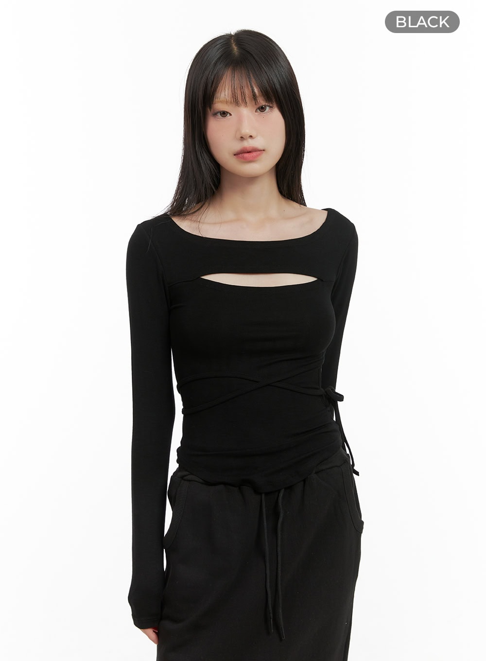 cut-out-tie-long-sleeve-crop-tee-cg426 / Black