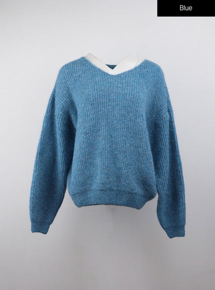 oversized-v-neck-solid-long-sleeve-sweater-oj411 / Blue