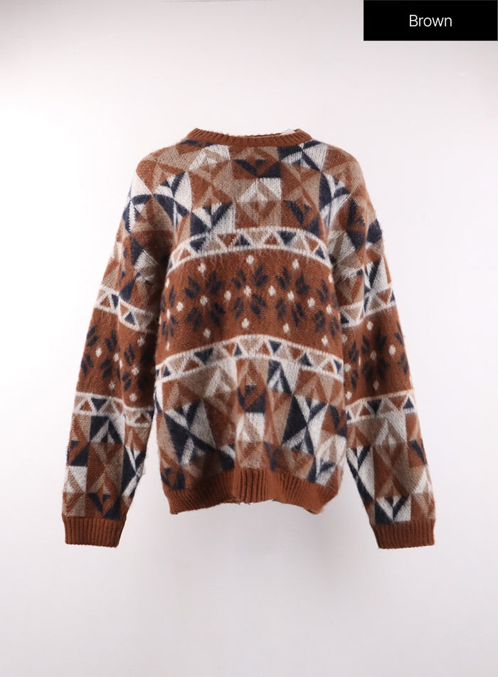 geometric-patterned-knit-sweater-of405 / Brown