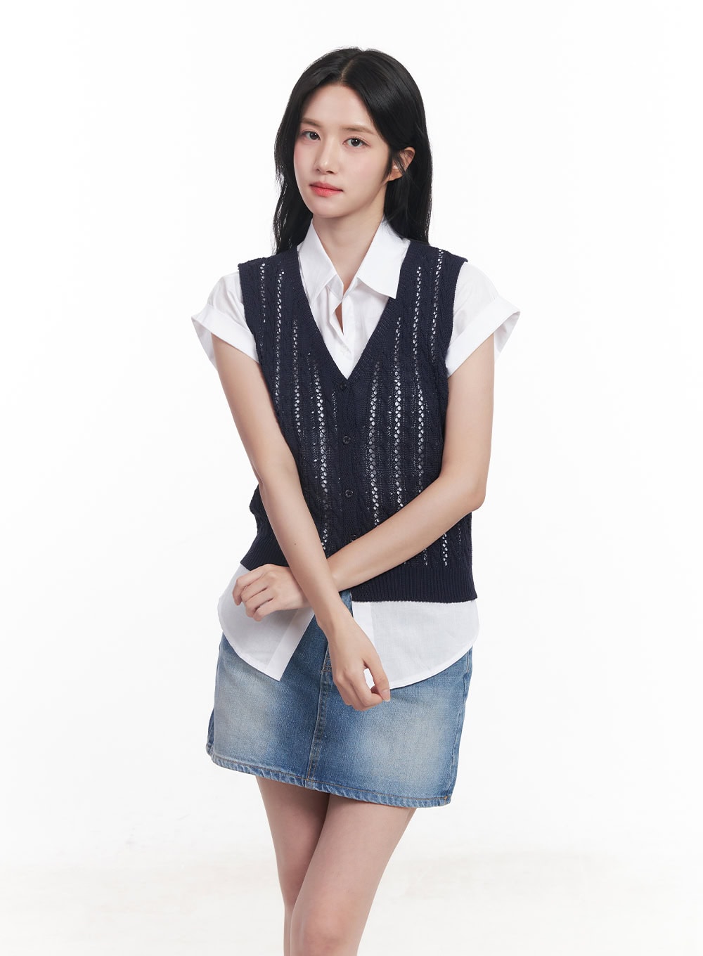 knit-buttoned-vest-top-cy523 / Dark blue