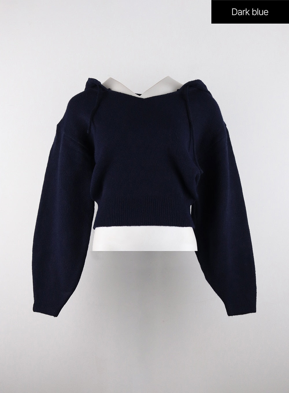 v-neckline-solid-drawstring-knit-hoodie-od320 / Dark blue