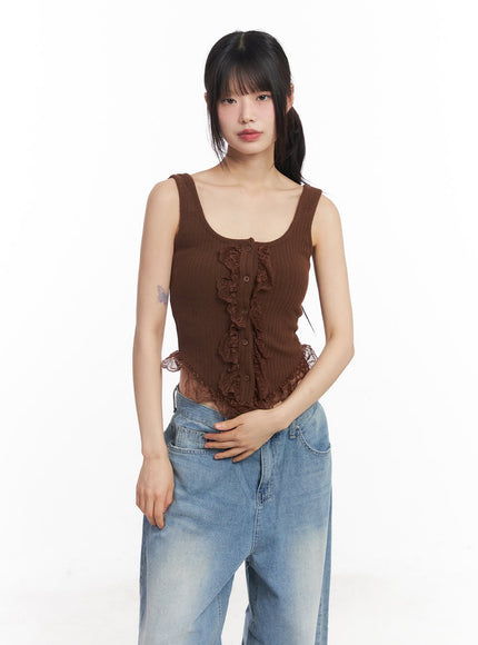 lace-buttoned-crop-tank-top-cy512 / Dark brown