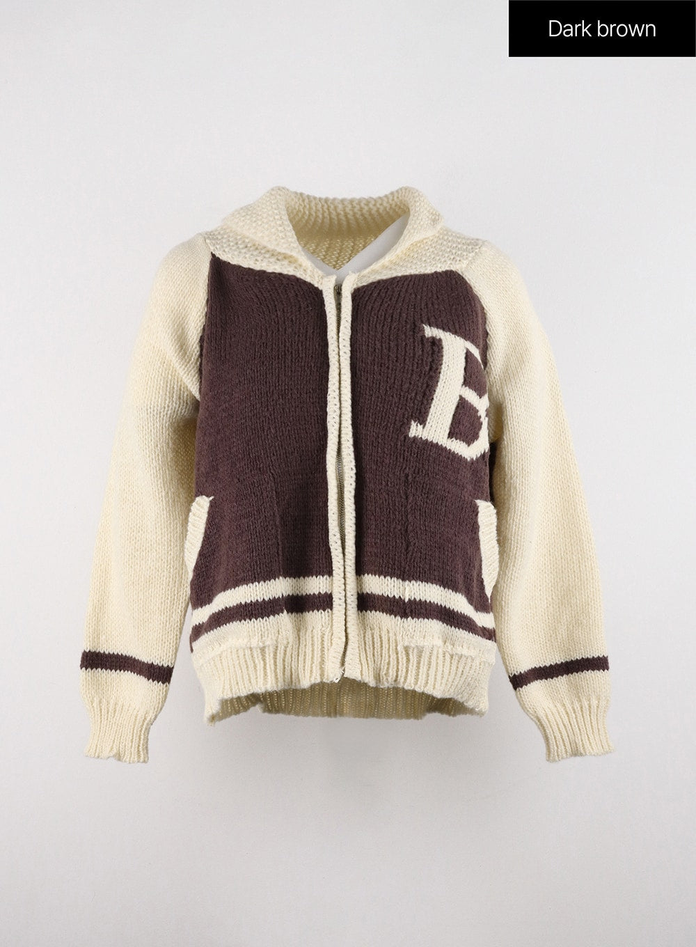 two-tone-graphic-lettering-knit-baseball-jacket-od320 / Dark brown