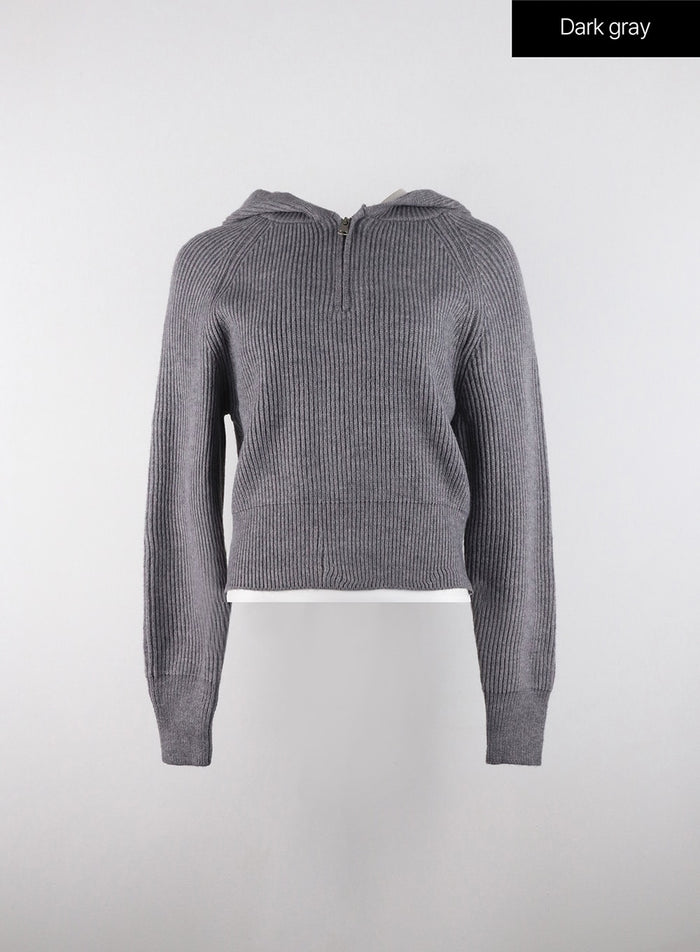 long-sleeve-solid-zipper-pocket-knit-hoodie-od320 / Dark gray